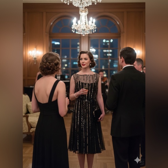 dressbarn Dresses & Skirts - Dressbarn Collection Fit & Flare Midi Black Tan Mesh Overlay Ribbon Tie Waist